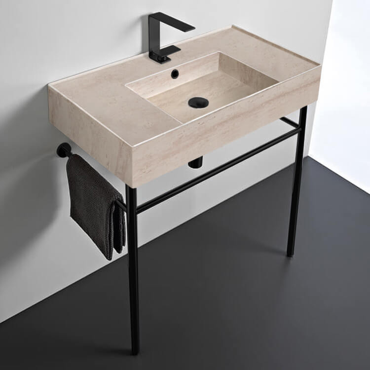Scarabeo 5123-E-CON-BLK-One Hole Beige Travertine Design Ceramic Console Sink and Matte Black Stand, 32 Inch